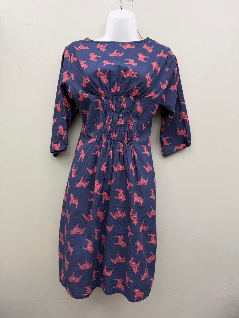 Mata Traders Zebra Print Dress Small Navy Pink 100% Cotton Smocked Boho
